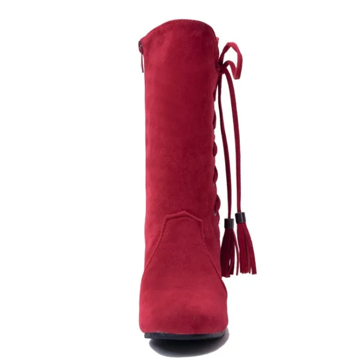 Women's Zip Lace Up High Heel Mid Calf Boots