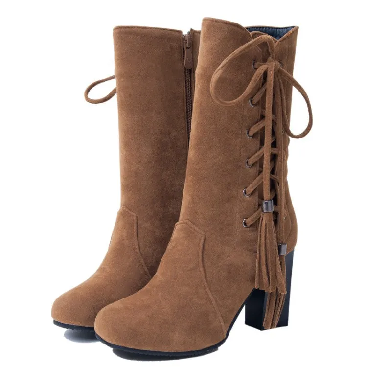 Women's Zip Lace Up High Heel Mid Calf Boots