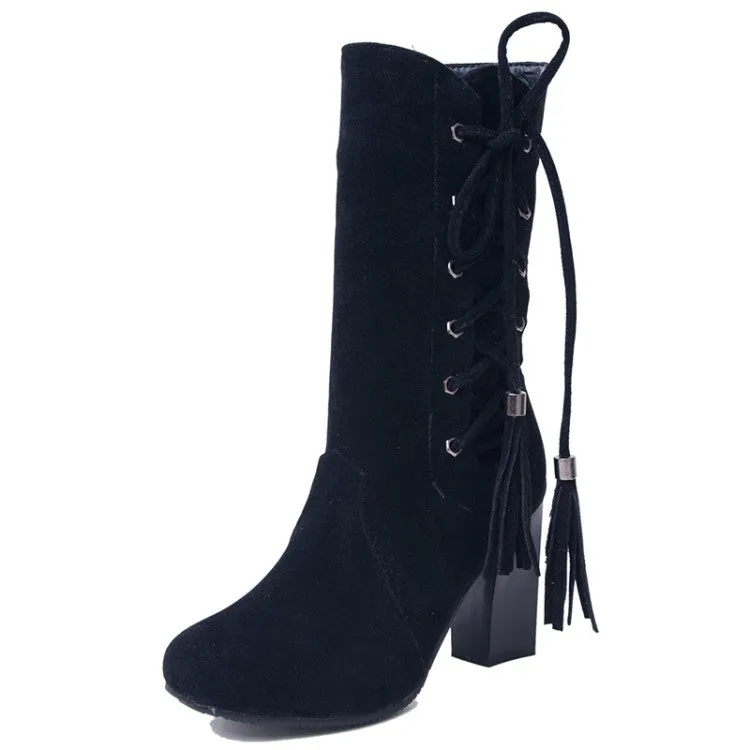 Women's Zip Lace Up High Heel Mid Calf Boots