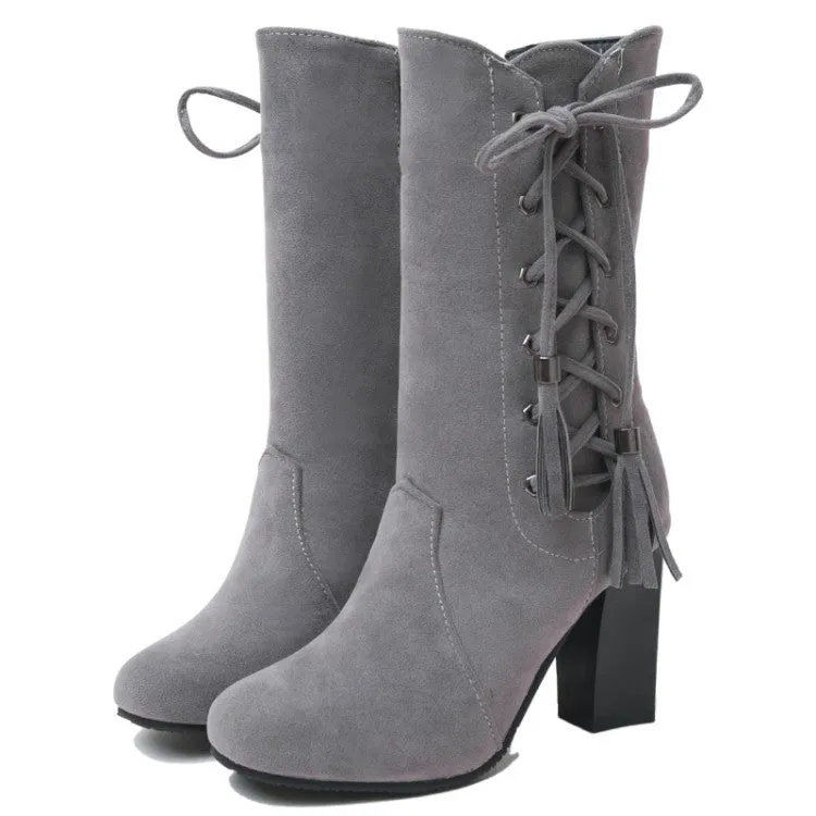 Women's Zip Lace Up High Heel Mid Calf Boots