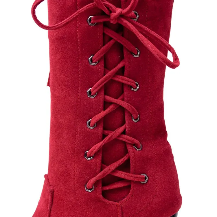 Women's Zip Lace Up High Heel Mid Calf Boots