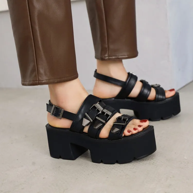 Women's's Denim Round Toe Buckle Thick Sole Chunky Heel Platform Sandals