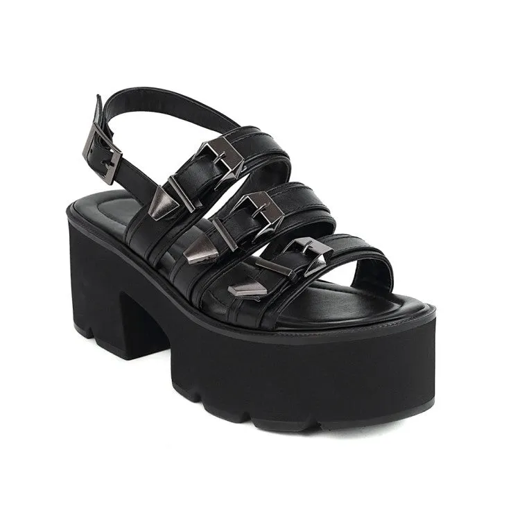 Women's's Denim Round Toe Buckle Thick Sole Chunky Heel Platform Sandals