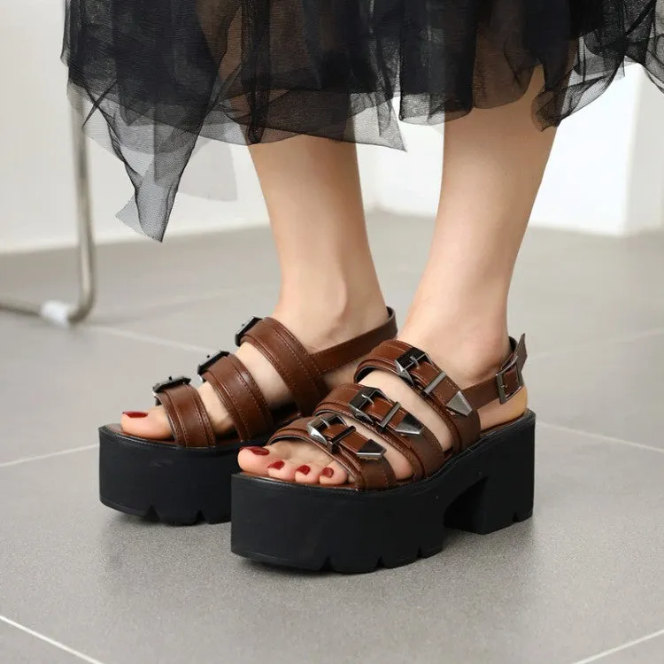 Women's's Denim Round Toe Buckle Thick Sole Chunky Heel Platform Sandals