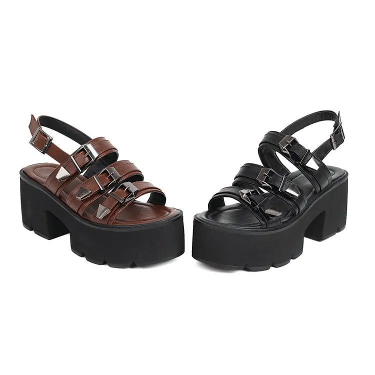 Women's's Denim Round Toe Buckle Thick Sole Chunky Heel Platform Sandals