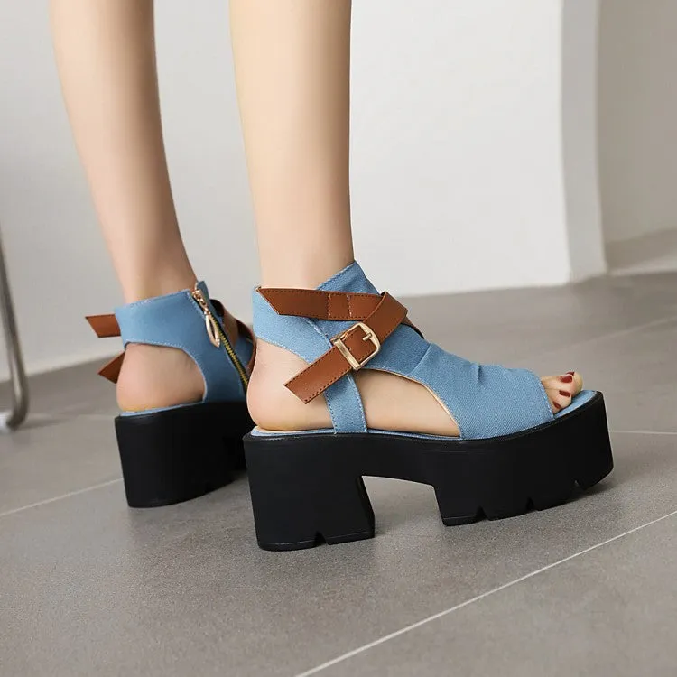 Women's's Denim Round Toe Wrap Ankle Buckle Thick Sole High Heel Platform Sandals