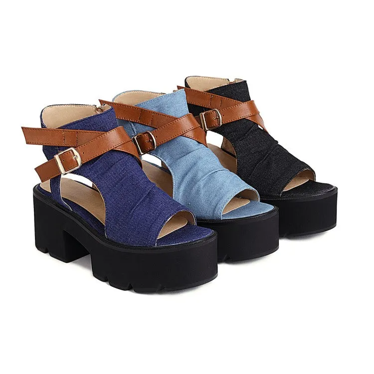 Women's's Denim Round Toe Wrap Ankle Buckle Thick Sole High Heel Platform Sandals