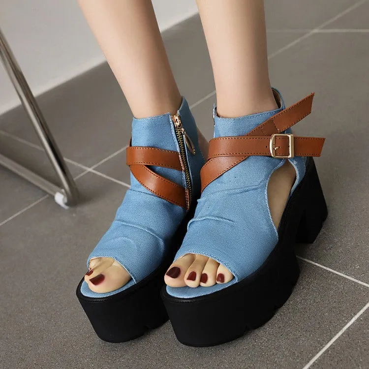 Women's's Denim Round Toe Wrap Ankle Buckle Thick Sole High Heel Platform Sandals