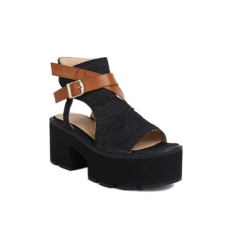 Women's's Denim Round Toe Wrap Ankle Buckle Thick Sole High Heel Platform Sandals