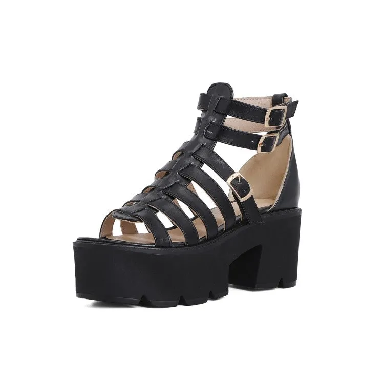 Women's's Hollow Out Ankle Strap Buckle Thick Sole Chunky Heel Platform Sandals