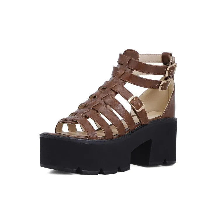 Women's's Hollow Out Ankle Strap Buckle Thick Sole Chunky Heel Platform Sandals