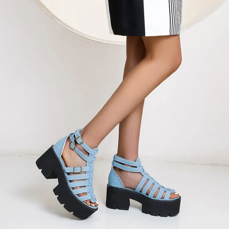 Women's's Hollow Out Ankle Strap Buckle Thick Sole Chunky Heel Platform Sandals