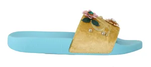 Yellow Velvet Crystal Beachwear Slides