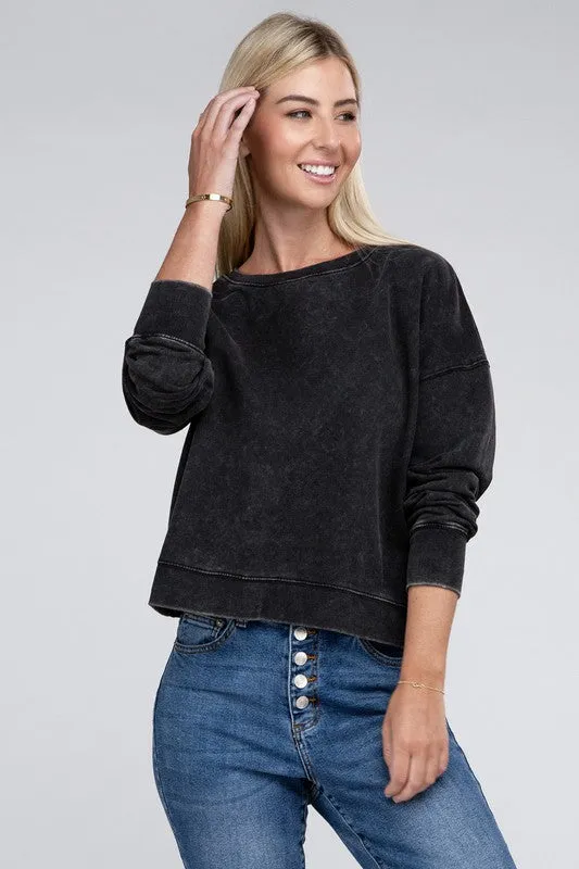 ZENANA French Terry Acid Wash Boat Neck Pullover