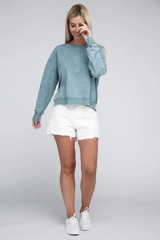 ZENANA French Terry Acid Wash Boat Neck Pullover