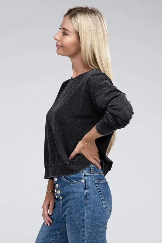 ZENANA French Terry Acid Wash Boat Neck Pullover