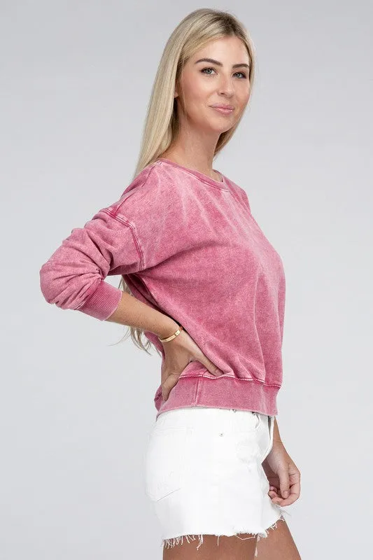 ZENANA French Terry Acid Wash Boat Neck Pullover