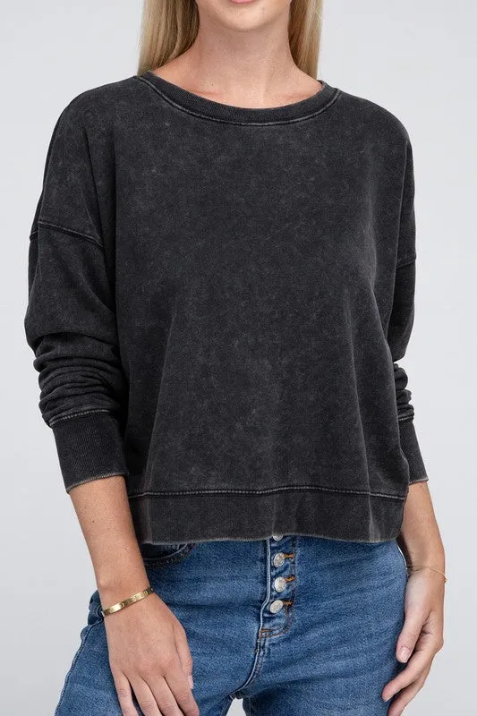 ZENANA French Terry Acid Wash Boat Neck Pullover