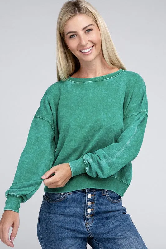 ZENANA French Terry Acid Wash Boat Neck Pullover