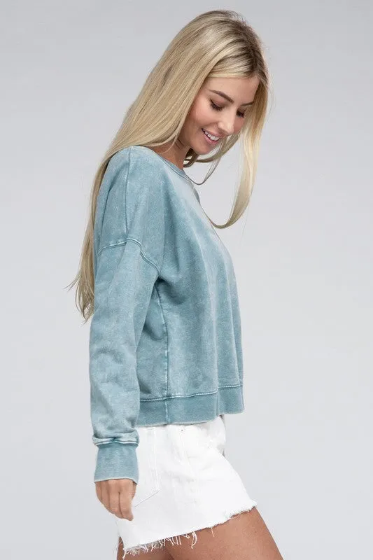 ZENANA French Terry Acid Wash Boat Neck Pullover