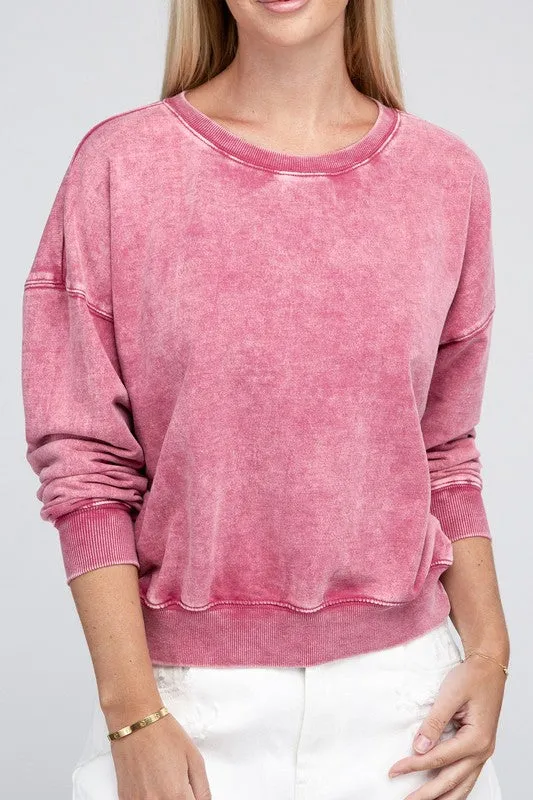 ZENANA French Terry Acid Wash Boat Neck Pullover