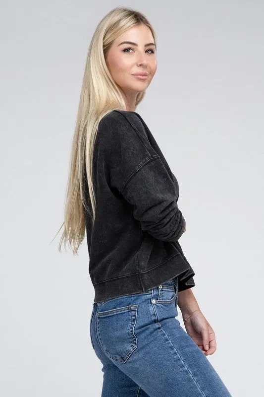 ZENANA French Terry Acid Wash Boat Neck Pullover