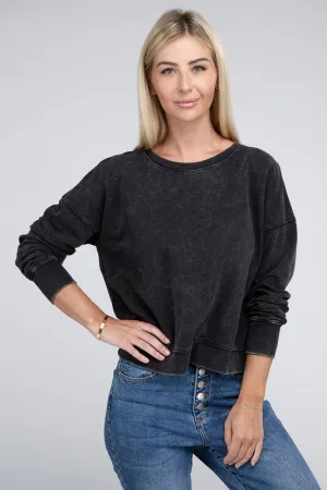 ZENANA French Terry Acid Wash Boat Neck Pullover