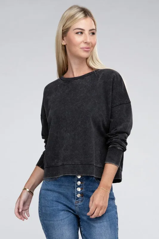 ZENANA French Terry Acid Wash Boat Neck Pullover