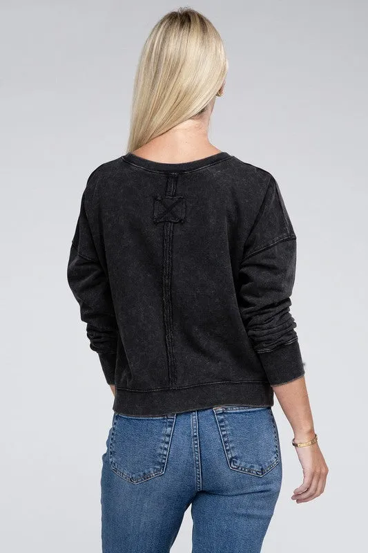 ZENANA French Terry Acid Wash Boat Neck Pullover
