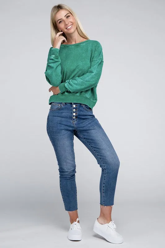 ZENANA French Terry Acid Wash Boat Neck Pullover