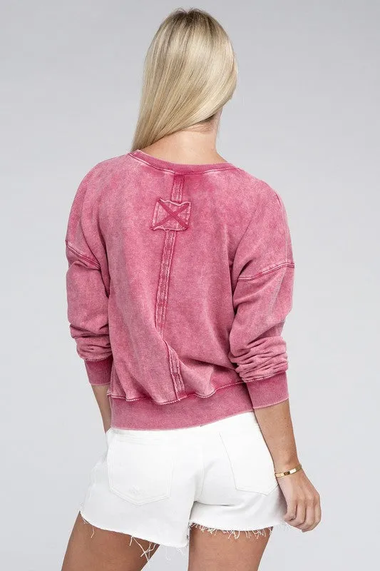 ZENANA French Terry Acid Wash Boat Neck Pullover